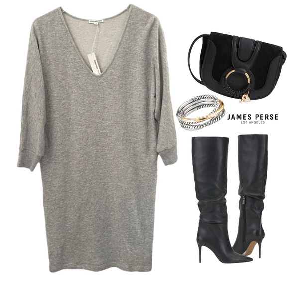 James Perse Dresses & Skirts - STANDARD JAMES PERSE GRAY V-
NECK SHIFT SWEATER DRESS JP SZ 3 = US SZ L
NWT